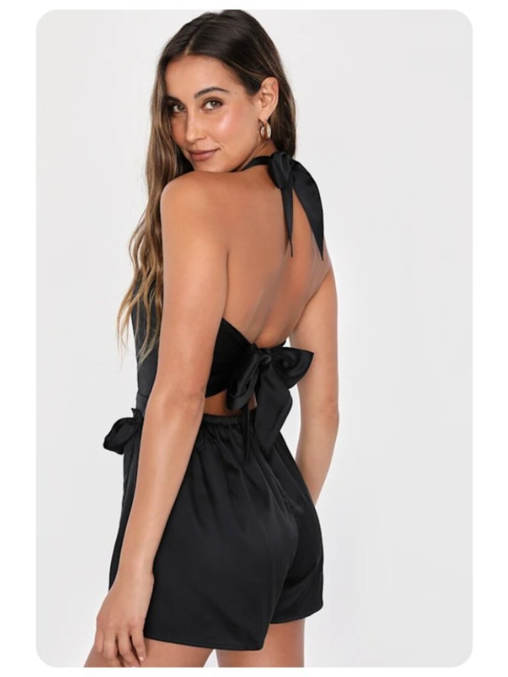 Lulus Alluring Mood Black Satin Halter Side-Tie Skort Romper sz L - Picture 2 of 4